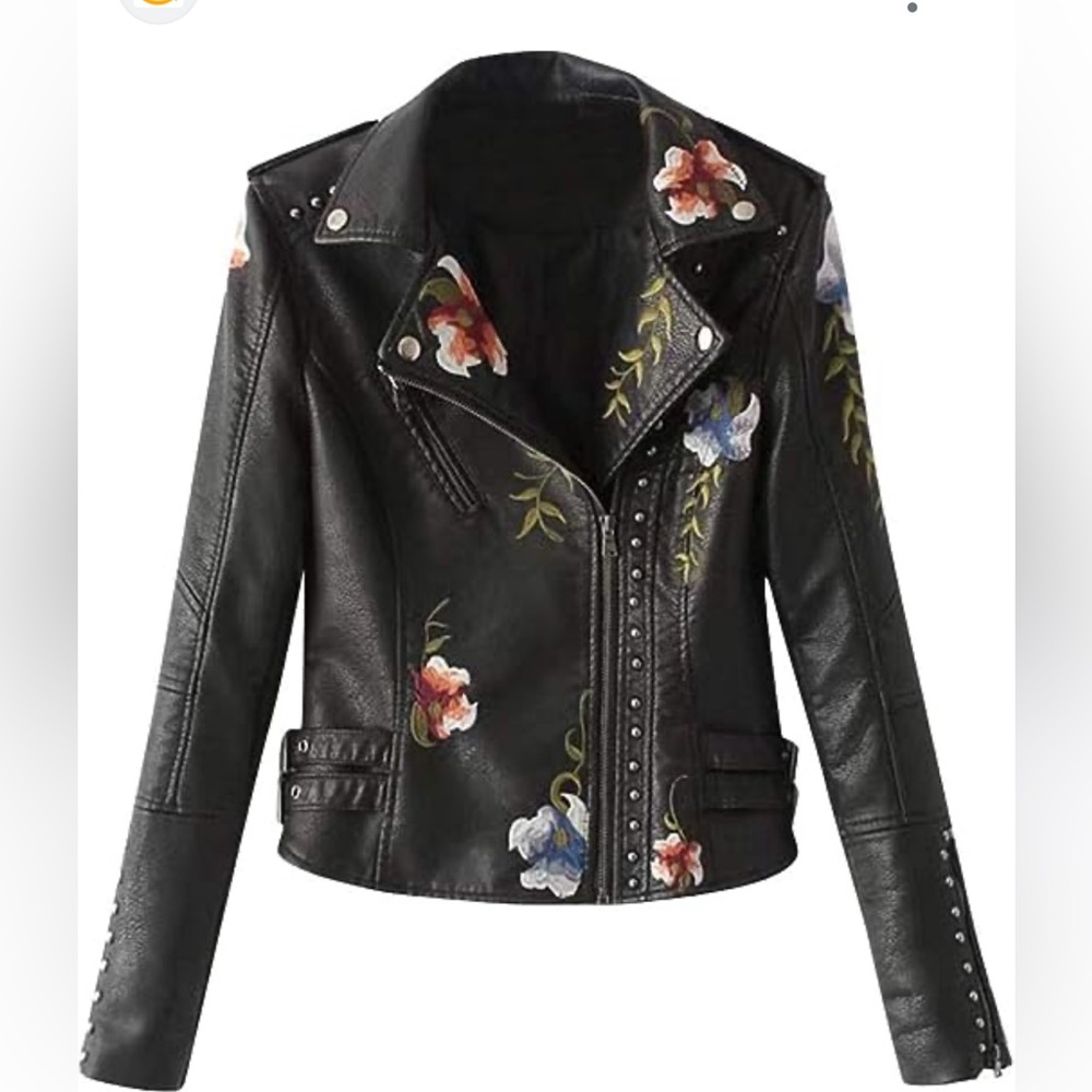 Moto faux lather jacket floral embroidered size S